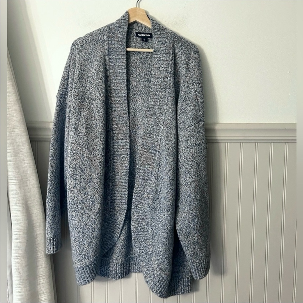 Lands' End XL Marled Blue Women's Open Front Cardigan Chunky Sweater